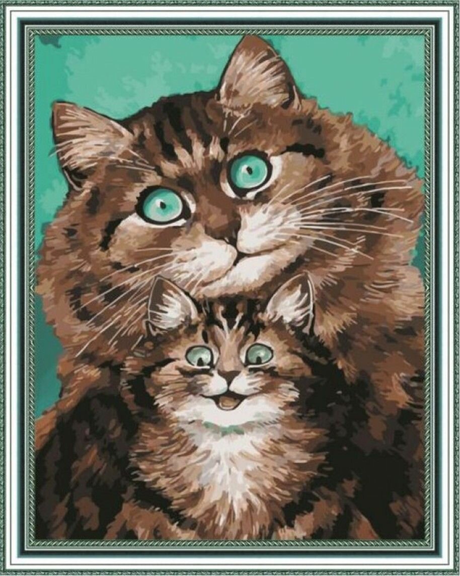 Алмазная мозаика 40х50 "Круглоглазые котенок и кошка" на холсте с подрамником (картина круглыми стразами)