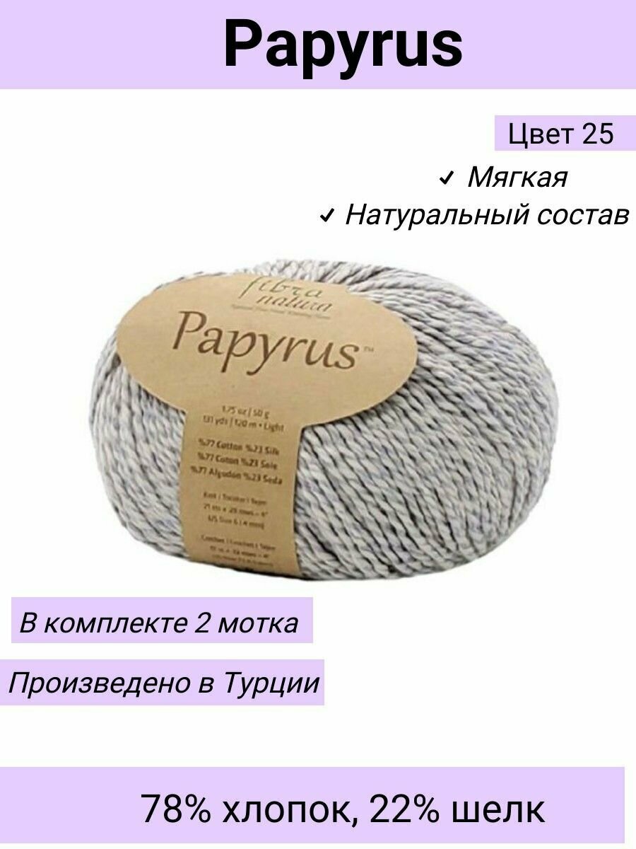 Пряжа Fibra Natura Papyrus цвет 229-25 Серебристый / 2 шт 50гр 120м 78% хлопок 22% шелк / Фибра Натура Папирус