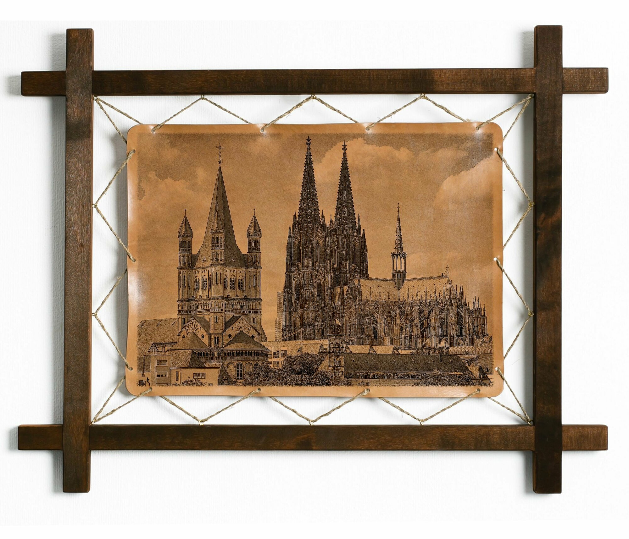 Картина Кёльнский собор, Германия, гравировка на натуральной коже, интерьерная для украшения и декора на стену в деревянной раме, подарок, BoomGift