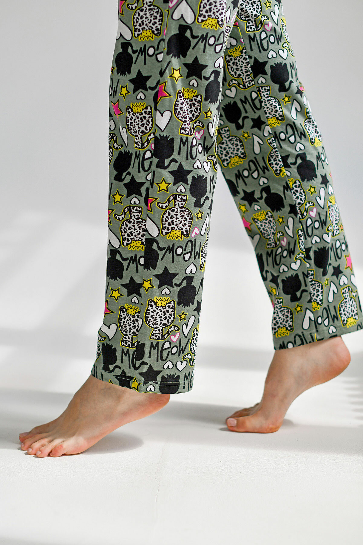 Женская пижама с брюками Мяу Зеленый 56 Кулирка Оптима трикотаж - фотография № 5