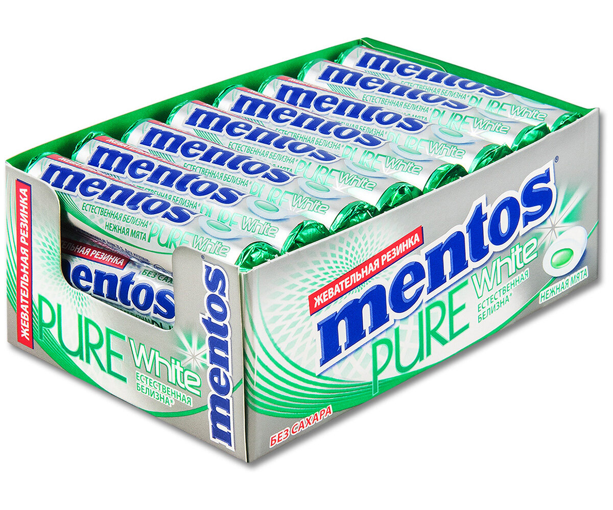 Жевательная резинка Mentos "Pure White" нежная мята, без сахара 15.5 г, 24 шт.