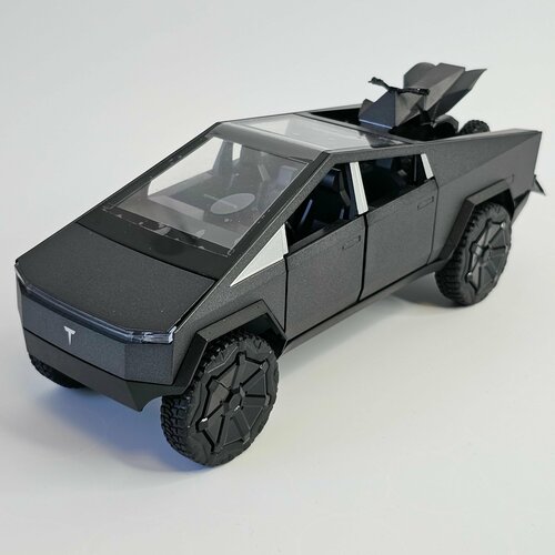 Машина игрушка металлическая инерционная Tesla Cybertruck Black / Тесла с квадроциклом Черная 1:24