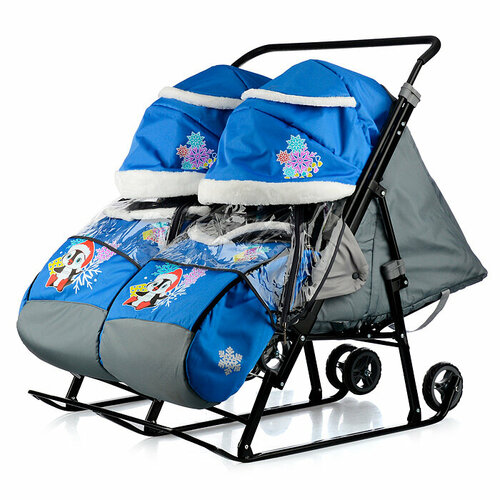 фото Санки-коляска детские для двойни с варежками и сумкой galaxy близняшки 2 (синий пингвин)