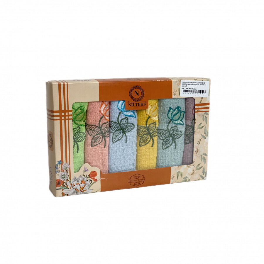 Комплект вафельных полотенец 40x60 (6 шт) 745 цветы V9 Nilteks (разноцветный), Комплект полотенец