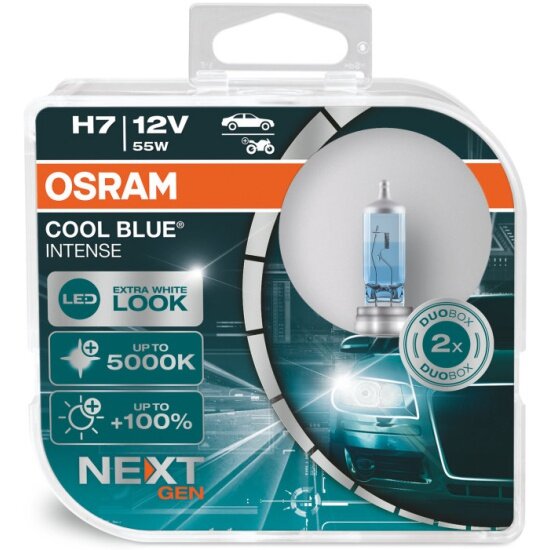 Лампа автомобильная Osram Cool Blue Intense (NextGen) H7 55W PX26d+100% 5000K 12V, евробокс, 2шт
