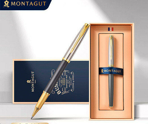 Montagut Ручка в футляре TJ-13 Montagut (черная) 0.5мм роллер, Серебро/серая, металлический корпус