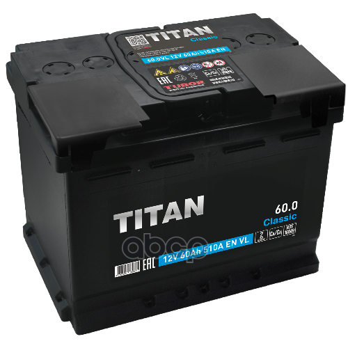 TITAN 4607008889871 АКБ TITAN Classic 6СТ-60.0 A/h (-/+) 12V 510 A EN 242 х 175 х 190