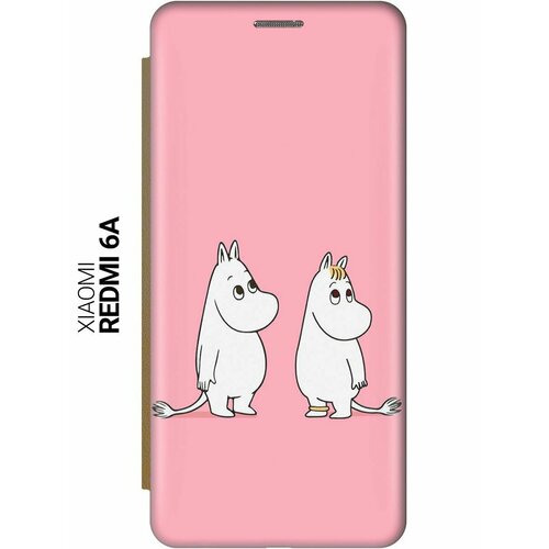 Чехол-книжка на Xiaomi Redmi 6A, Сяоми Редми 6А c принтом Муми-тролли на розовом золотистый чехол жидкий с блестками xiaomi redmi 6a медведь браун на розовом фоне