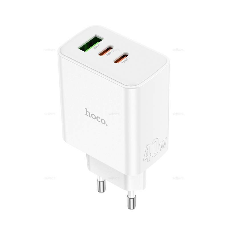 Сетевое зарядное устройство Hoco C126A, 1xUSB + 2xType-C, кабель Type-C To Lightning, QC 3.0, PD 40W, белый — фото 5