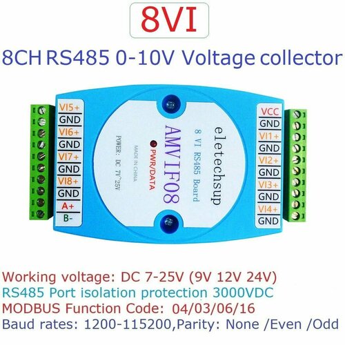 Eletechsup AMVIF08 Модуль AI8 измерения 0-10V напряжения dc 12v 2ch dac module 0 5v 0 10v pwm to voltage analog converter rs485 modbus rtu board