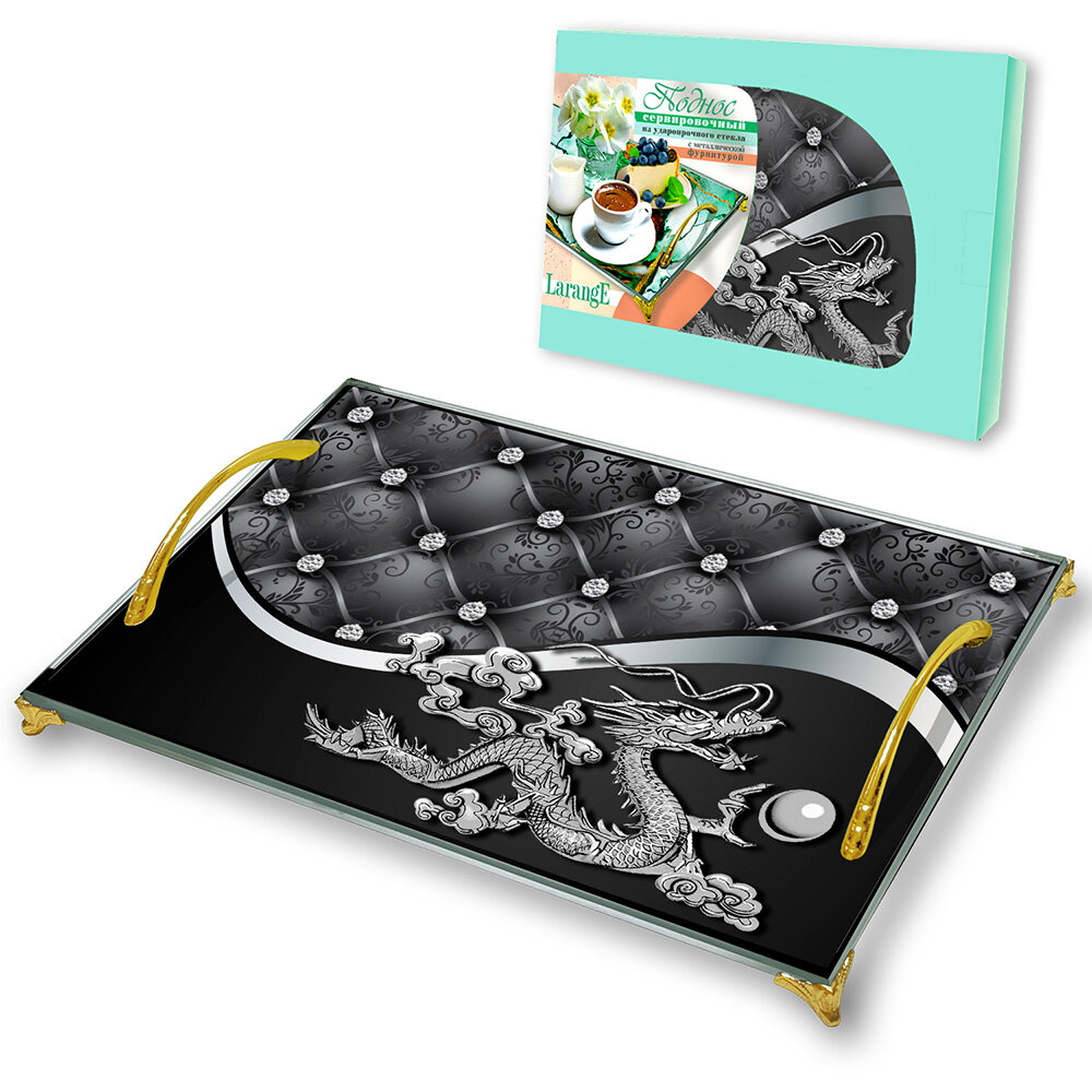 фото Поднос декоративный стеклянный на ножках новогодний