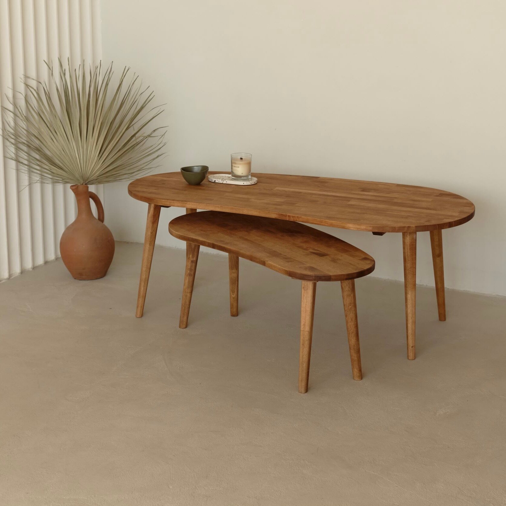 Фигурный журнальный деревянный столик Fusion Темный дуб, для гостиной из массива березы, 120х60х43 см, Равновесие