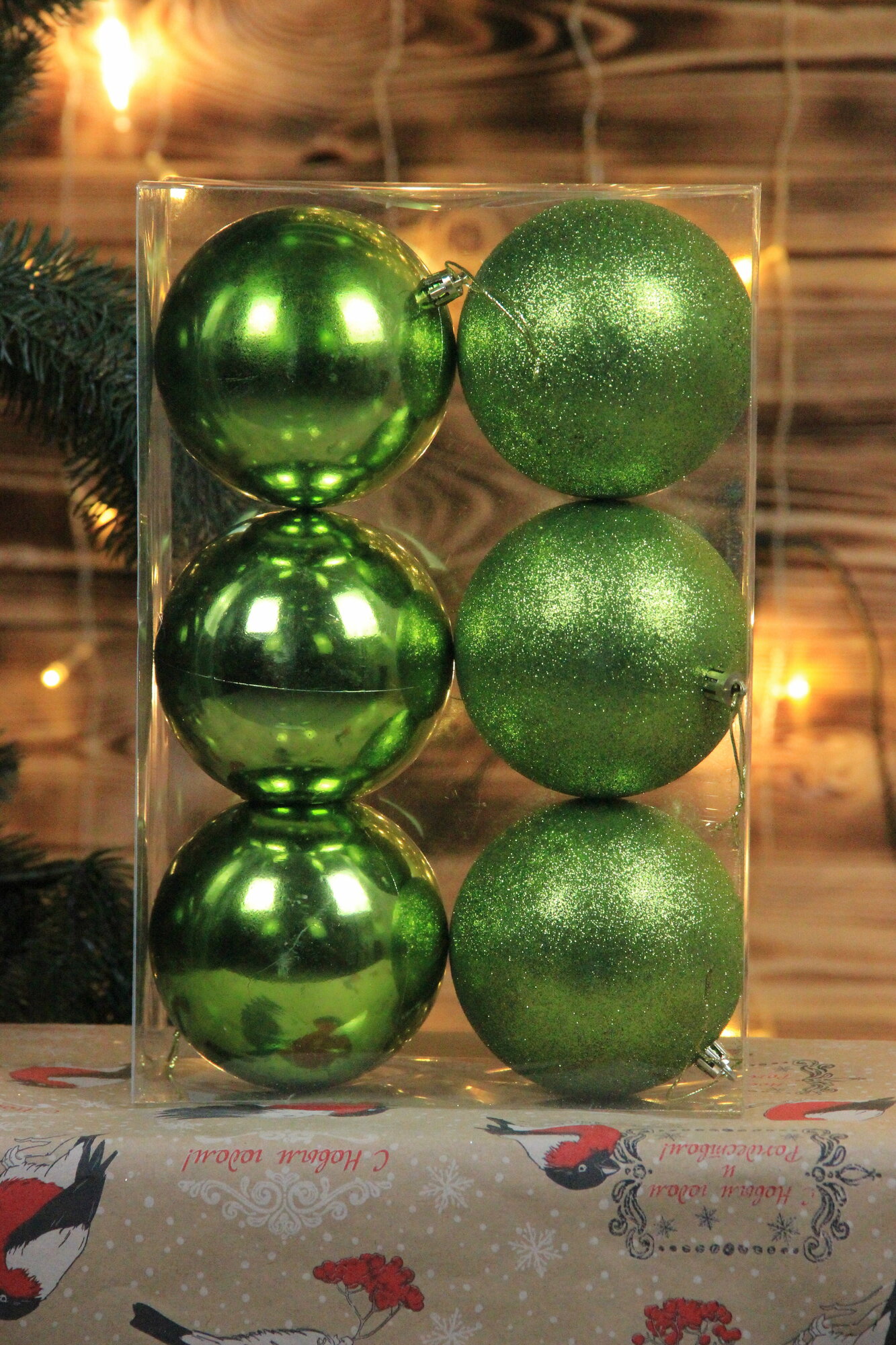 Набор новогодних шаров 10см 6шт оливковый