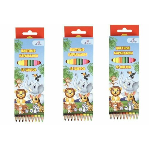 Attomex Карандаши цветные Зоопарк, 18 цветов - 3 упаковки