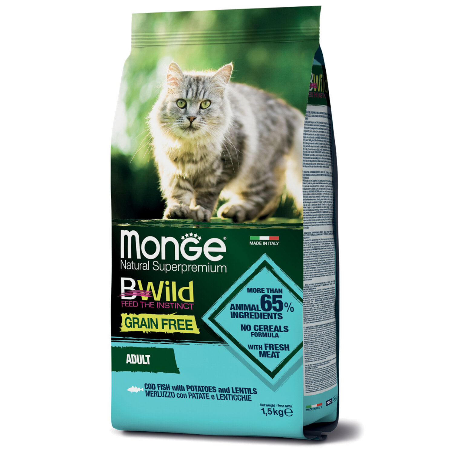 Сухой корм для кошек Monge BWILD Feed the Instinct, беззерновой, с треской, с картофелем, с чечевицей 1.5 кг