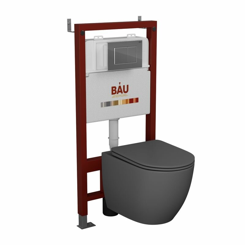Комплект BAU 6 в 1: инсталляция BAU PRO, унитаз подвесной безободковый Bau Dream 49,5х36, сиденье дюропласт микролифт, темно-серый матовый, клавиша BAU Stil, хром