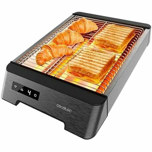 Cecotec Horizontal Bread Toaster плоский тостер с 3 тактильными сенсорными резисторами NiceSlice. 1000 Вт, все виды хлеба и выпечки, кварцевые резисторы, отделка из нержавеющей стали, 6 степеней поджаривания.