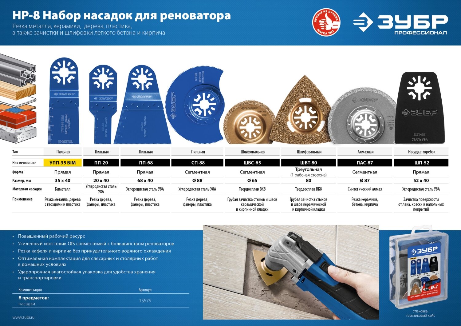 ЗУБР НР-8 UniLock, OIS-хвост, 8 предм, набор насадок для реноватора, Профессионал (15575) — фото 1