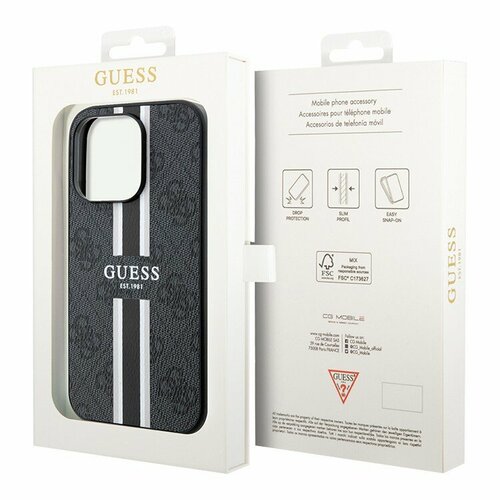 фото Guess для iphone 15 pro чехол из кожи pu с принтом 4g stripes, черный (magsafe)