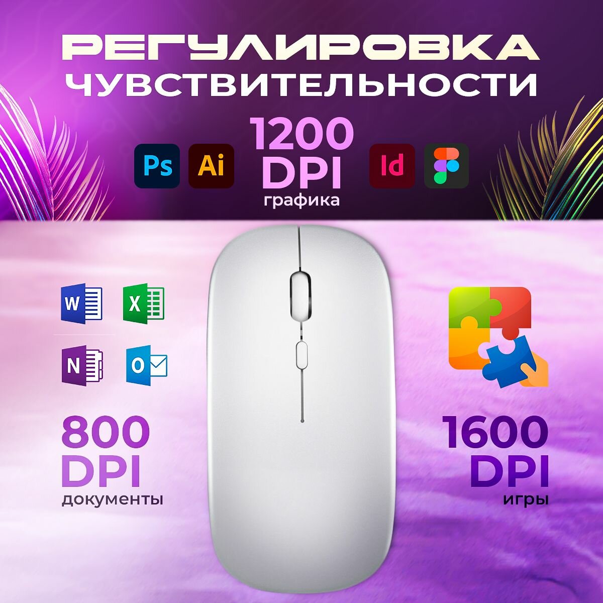 Мышь беспроводная для компьютера и ноутбука с подсветкой бесшумная (белая) — фото 1