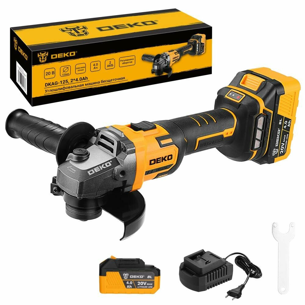 Углошлифовальная машина бесщеточная DEKO DKAG-125 20В 125мм 2х4Ач 083-1064