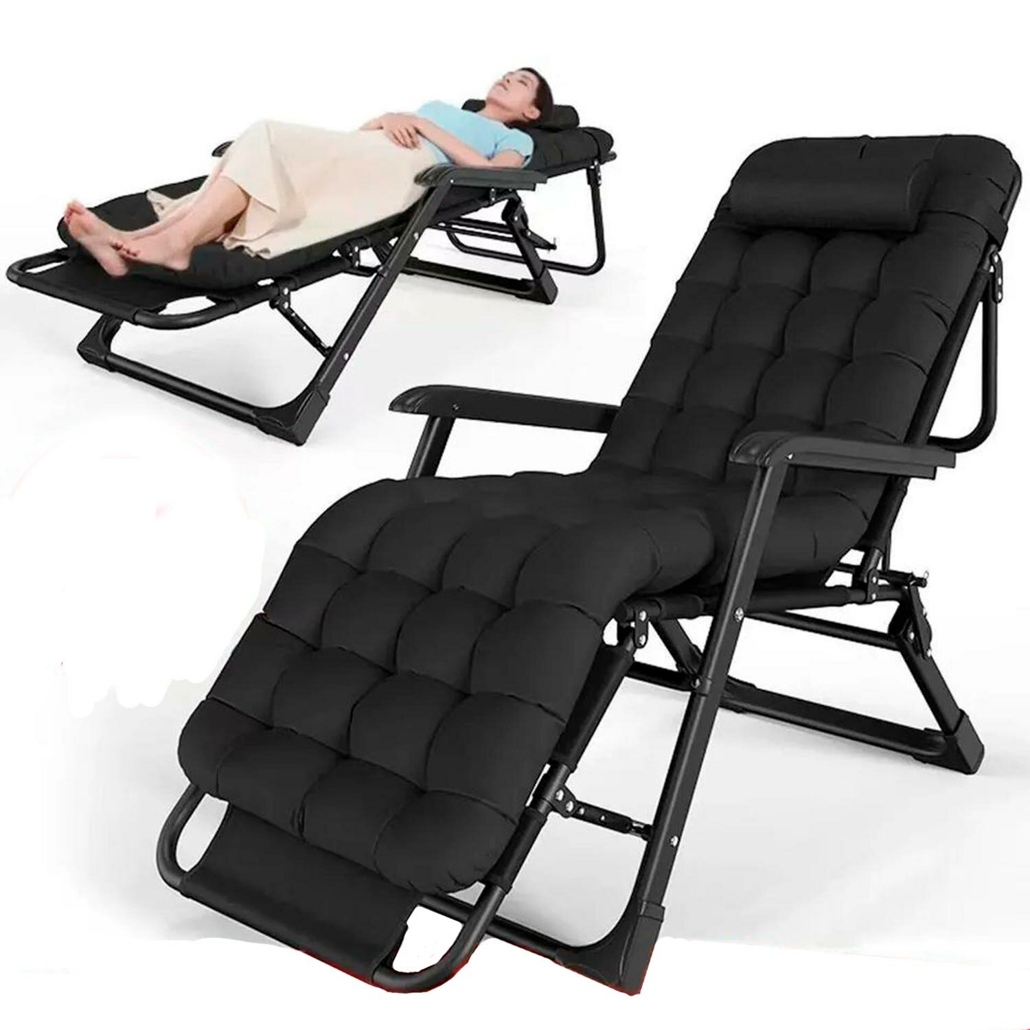 Кресло шезлонг раскладушка 3в1 с подголовником и матрасом COOLWALK178*66*25 черный