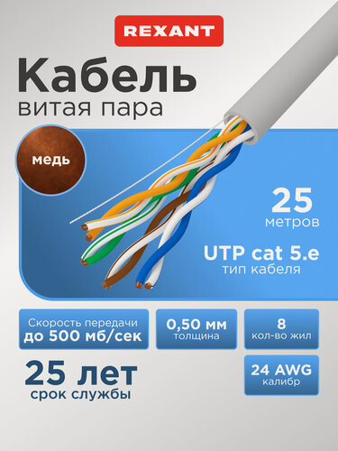Изображение товара Кабель U/UTP, CAT 5e, PVC 4x2x0,50мм, 24AWG, внутренний, серый, 25м REXANT