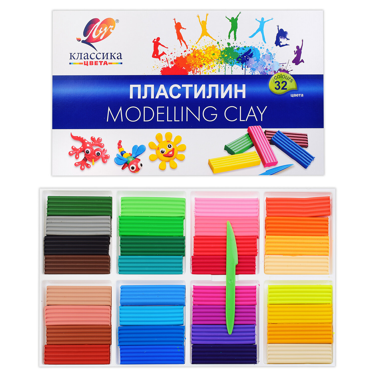 Пластилин Луч Классика 32 цвета х 20 гр. + стек. Не липнет к рукам.