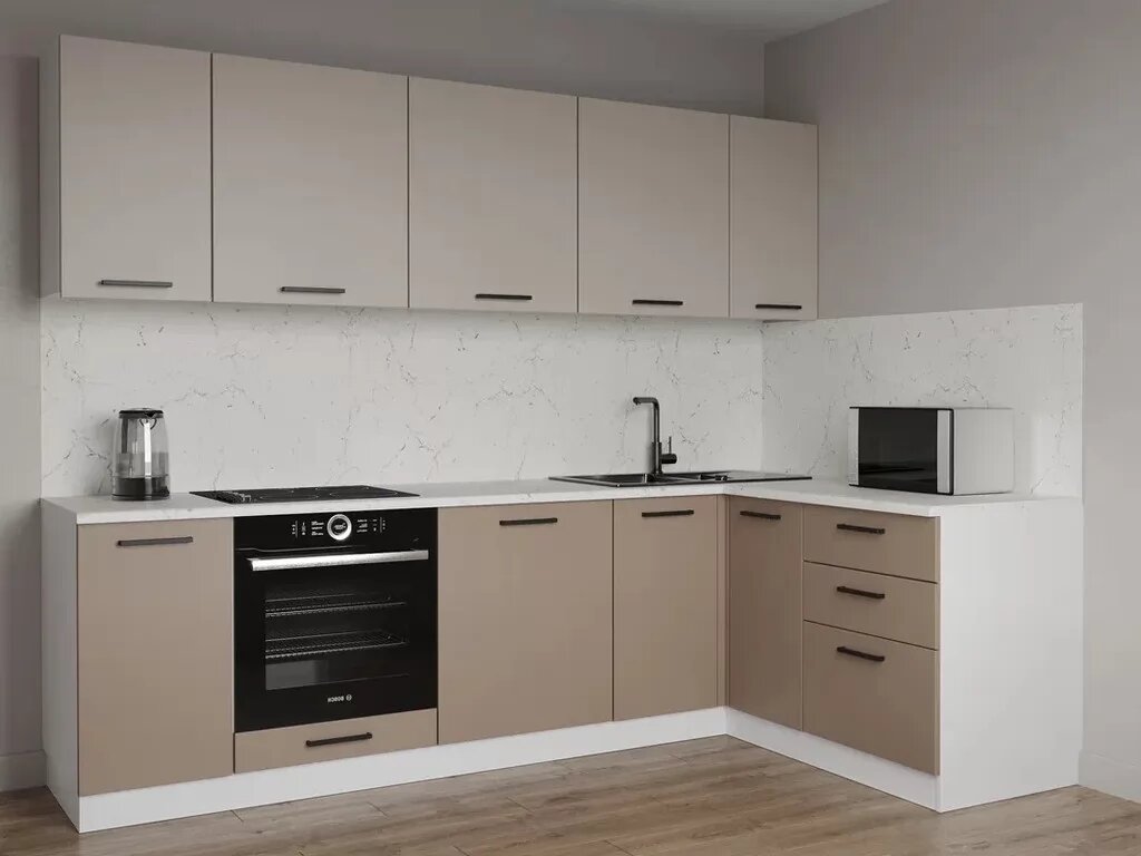 Кухонный гарнитур Sanvut угловой Каппучино-2600х1600 столешница 26 мм, каркас ЛДСП, фасад МДФ, Фон Беж/Фон Экспрессо