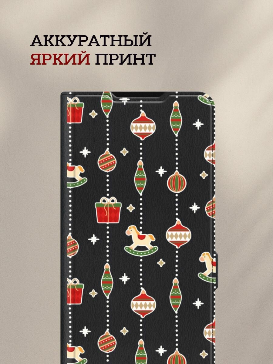 Чехол-книжка на Realme Note 60/Note 60X / Реалми Нот 60/Нот 60Х с рисунком "Новогодняя гирлянда с лошадками 2" — фото 1