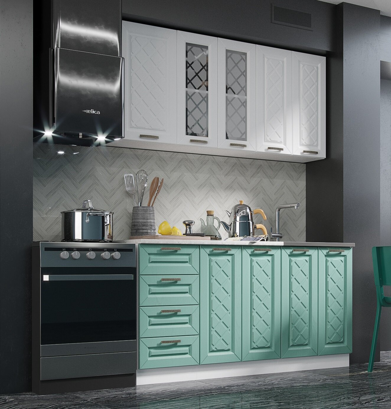 Кухня гарнитур ЭРА Агава 16м МДФ Акация белая/Мята (без столешницы)