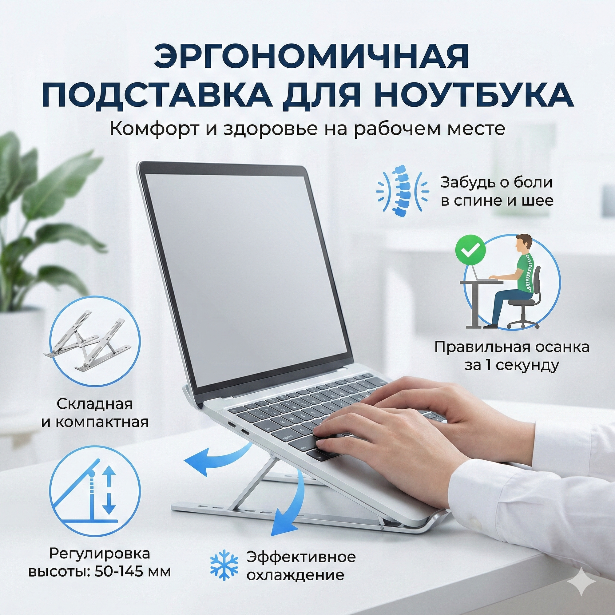 Алюминиевая подставка для ноутбука 11–17″ — регулируемая, складная, с охлаждением, 6 уровней высоты