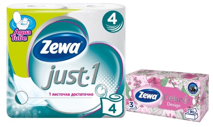 Набор Zewa Туалетная бумага Just1 четырехслойная 4 рул. + салфетки бумажные Deluxe Design 90 шт.
