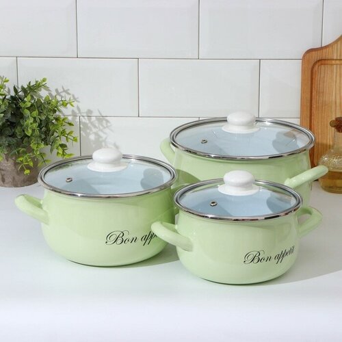 Набор кастрюль Лайм 3 предмета 21314 л крышки индукция цвет светло-зелёный 7894₽