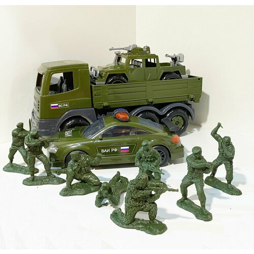 Набор Военная техника (грузовик, джип, автомобиль) с 8-ю большими солдатиками