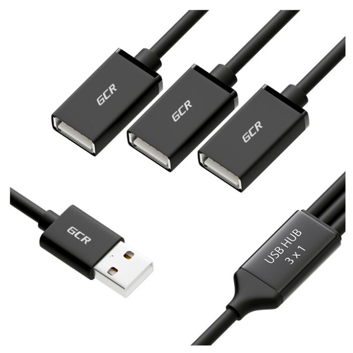 GCR USB Hub на 3 порта, 0.35m, гибкий, двусторонний угловой AM / 3 х AF, черный