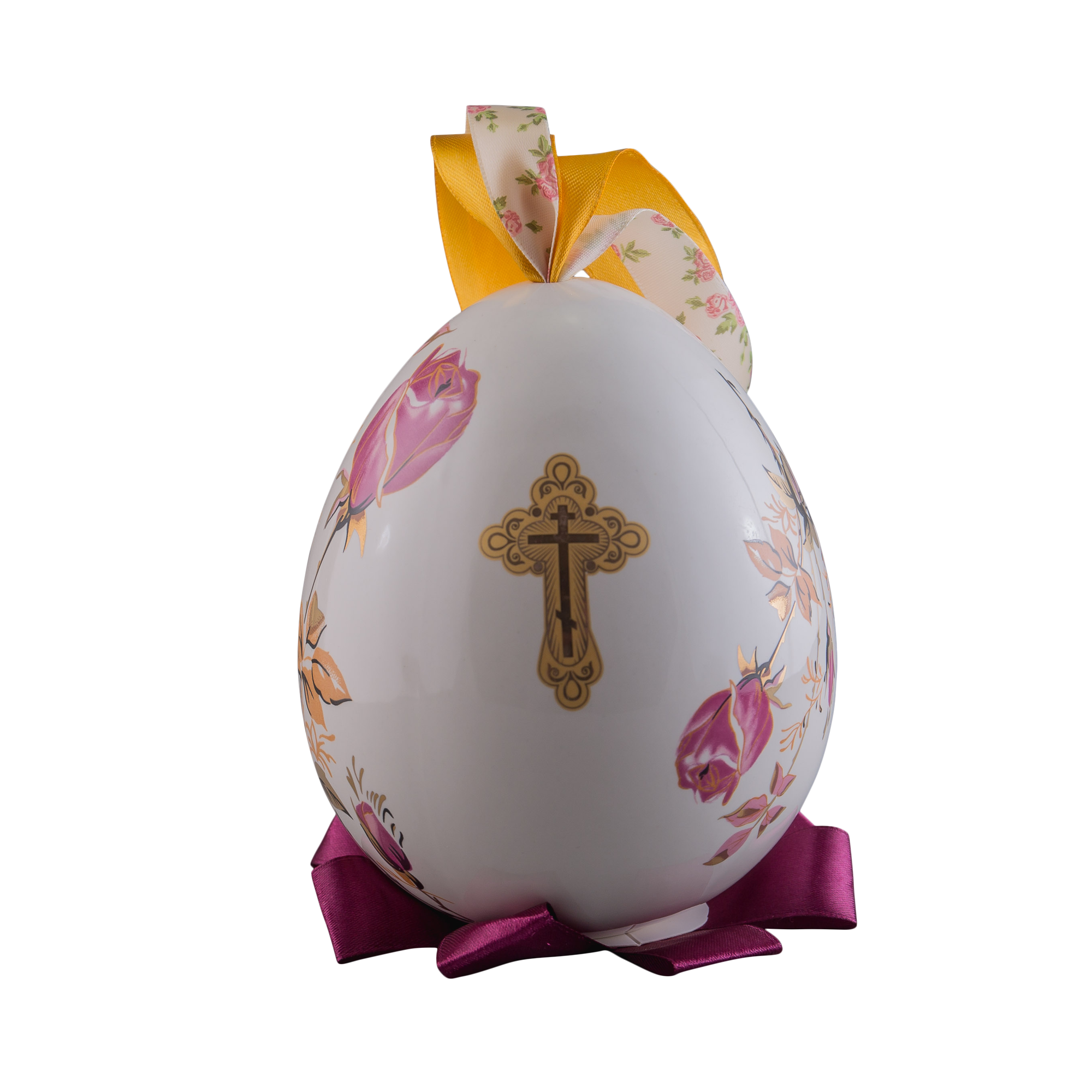 Яйцо пасхальное большое новое подвесное (бел, Пурпурная роза, крест)