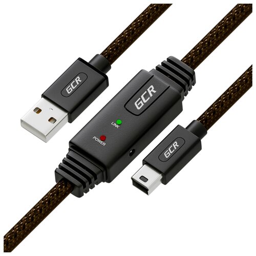 фото Gcr кабель активный 10м usb 2.0, am/mini 5p, черно-прозрачный, с активным усилителем сигнала, разъём для доп.питания