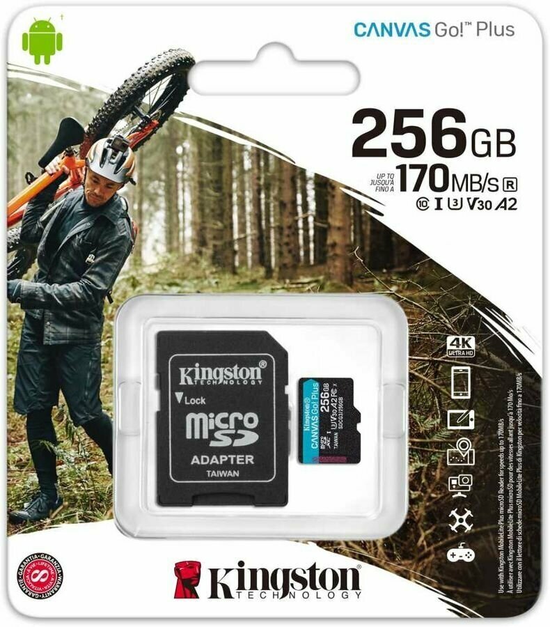 Карта памяти microSDXC UHS-I U3 Kingston Canvas Go! Plus 256 ГБ 170 МБ/с Class 10 SDCG3/256GB 1 шт переходник SD