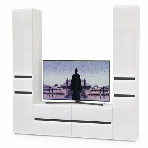Мебельная глянцевая Мини-Стенка для гостиной под телевизор 200см белый/чёрный/МДФ белый глянец - НЖ1580