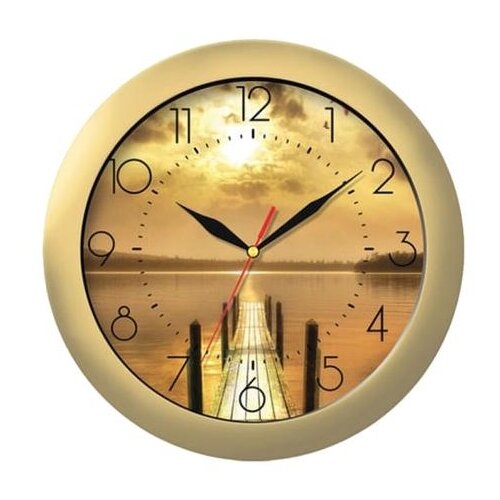 фото Часы настенные troyka 11171146, круг, с рисунком "закат", золотая рамка, 29х29х3,5 см тройка