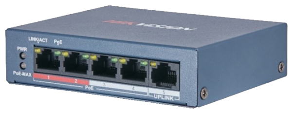 Коммутатор Hikvision DS-3E0105P-E/M(B) 4 PoE 100 Мбит/с RJ45 1 Ethernet порт 100 Мбит/с 8-контактный источник питания Дистанция передачи до 250 м Защита от перегрузки 6 кВ