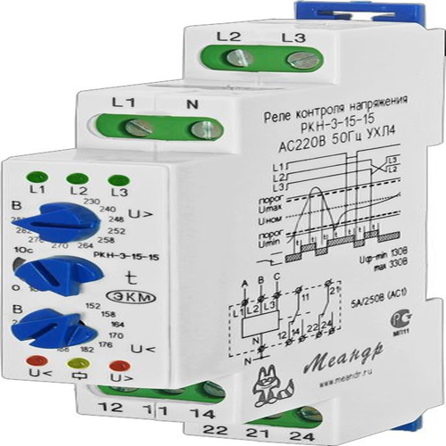 Реле контроля напряжения РКН-3-15-15 AC230В/AC400BУХЛ2 4640016933952 Меандр АО реле контроля однофазного напряжения ркн 1 1 15