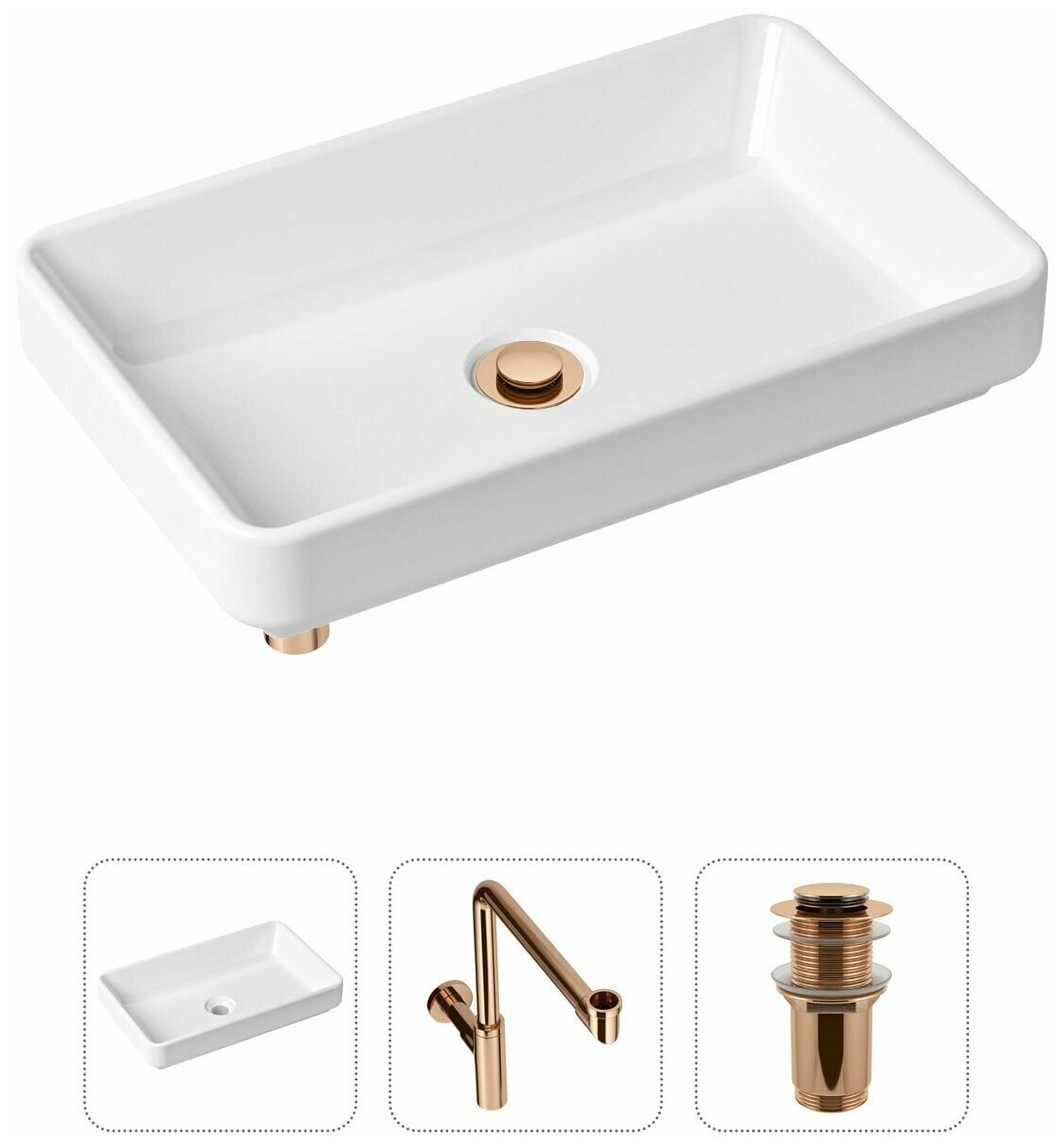 Накладная раковина в ванную Lavinia Boho Bathroom Sink Slim 21520159 в комплекте 3 в 1: умывальник белый, донный клапан и сифон в цвете розовое золото