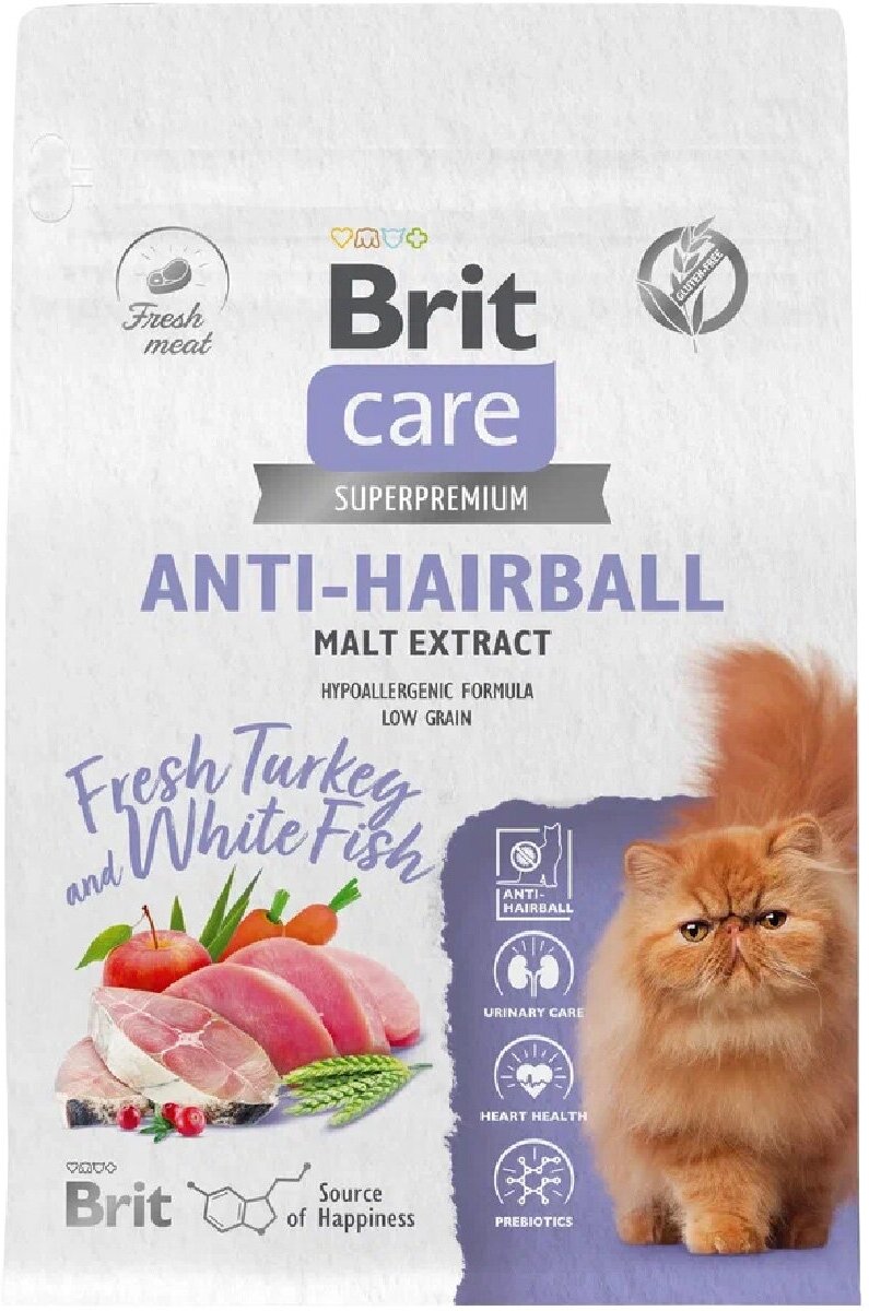 BRIT CARE CAT ANTI-HAIRBALL для взрослых кошек для вывода шерсти с белой рыбой и индейкой (0,4 кг)