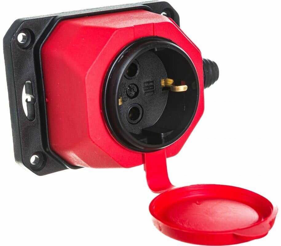 фото Розетка каучуковая настенная с крышкой 2P+E 16А 250В IP44 K1e(R) ЭРА, красная /Б0044550/