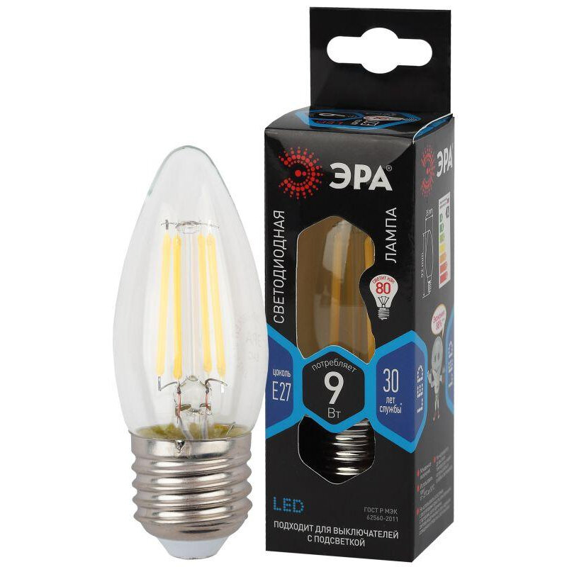 Лампа светодиодная филаментная F-LED B35-9W-840-E27 9Вт B35 свеча 4000К нейтр. бел. E27 Эра, ЭРА Б0046997 (1 шт.)