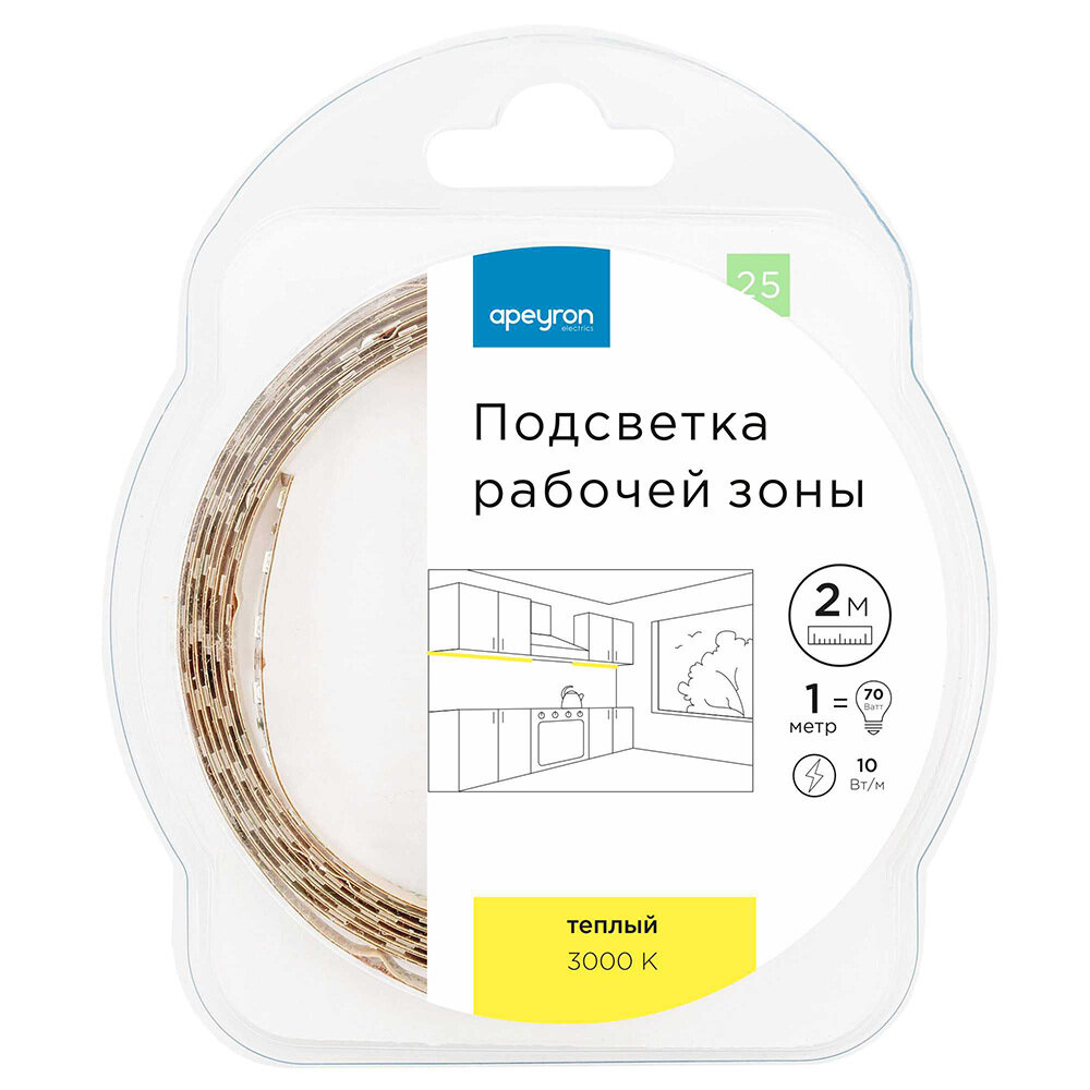 Светодиодная лента для подсветки рабочей зоны SMD 5050 60 диод/700 Лм/10 Вт/м 12 В IP20 2 м теплый белый свет Apeyron - фото №5