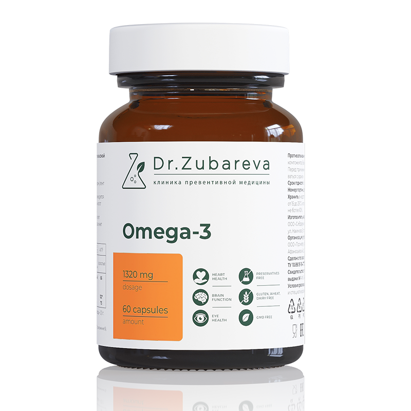 ОМЕГА-3, 1000 мг рыбий жир ля взрослых и детей, 60 капсул, Dr. Zubareva
