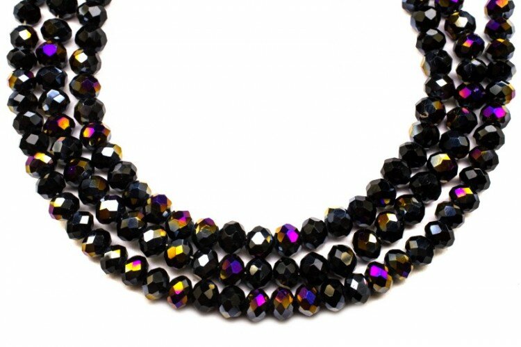 Бусина стеклянная Рондель 4х3мм, цвет черный/фиолетовый, гальваническое покрытие, непрозрачная, 506-059, 10шт